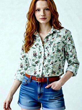 Croft & Barrow Toucan Print Button Up Shirt Small Tropical Cotton Long Sleeve